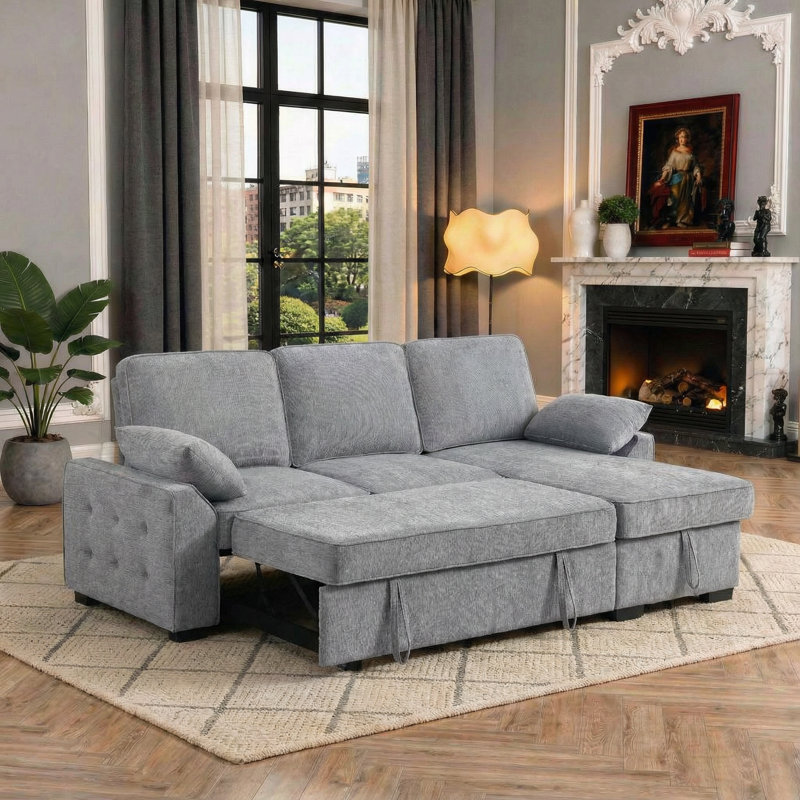 91" Chenille Convertible Sectional Sofa with Pull-Out Sleeper, Storage Chaise, Cup Holders & USB Charging, Light Gray