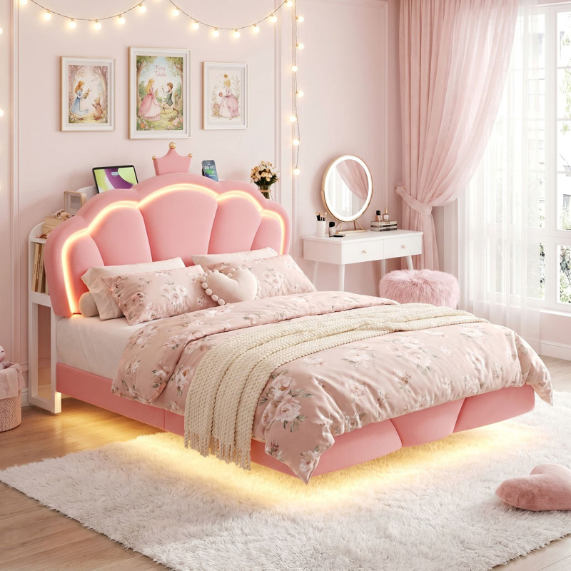 Lit flottant en velours avec tête de lit flottante avec rangement pour tête de lit, lumière DEL et prise de charge intégrée