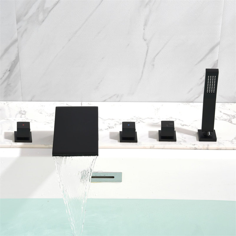 Robinet de baignoire à 5 trous à fixation sur le comptoir avec douche à main, robinet de baignoire à cascade, robinets de baignoire à trois poignées en laiton avec valve
