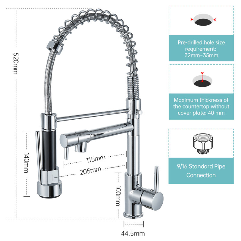 APPASO 2-Function Commercial Style Pre-Rinse Kitchen Faucet with Pull-Down Spring Spout and Pot Filler, Polished Chrome