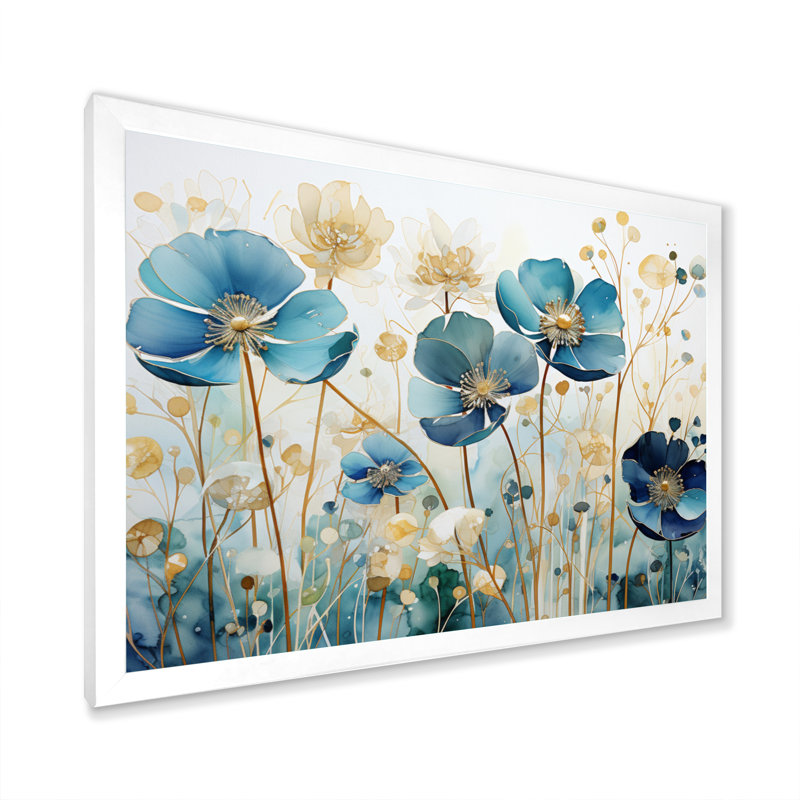 " Blue Botanical Rhythms III ", 12" H x 20" W x 1" D, White Picture Framed