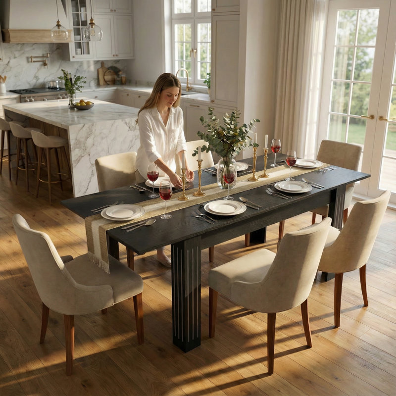 Table de salle à manger extensible pour la cuisine, table de salle à manger rectangulaire extensible de 54 à 85 po pour 4 à 10 personnes, table de salle à manger rectangulaire moderne avec structure en bois robuste et plateau de table imperméable, noir