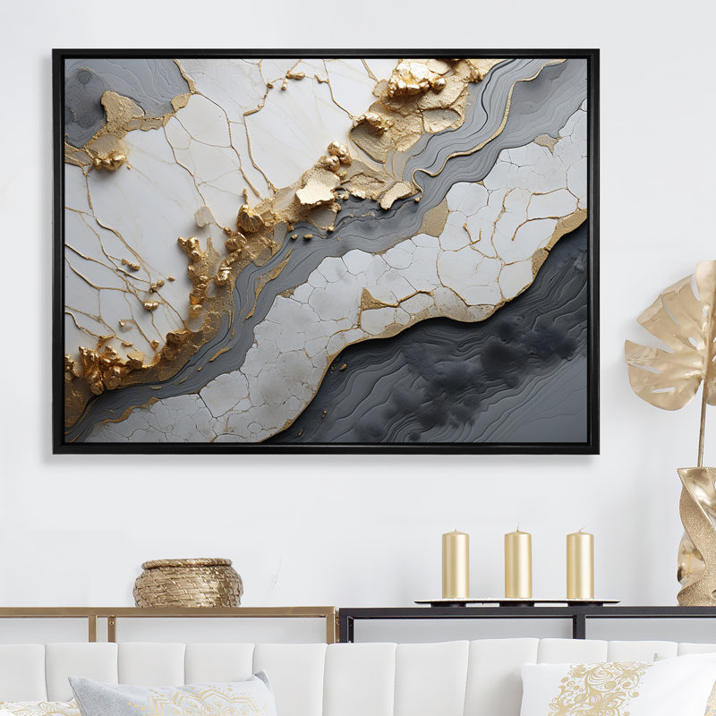 Minimalism White Gold Poteries  - Abstract Spirals Wall Decor, Black Floater Framed, 24" H x 32" W x 1" D