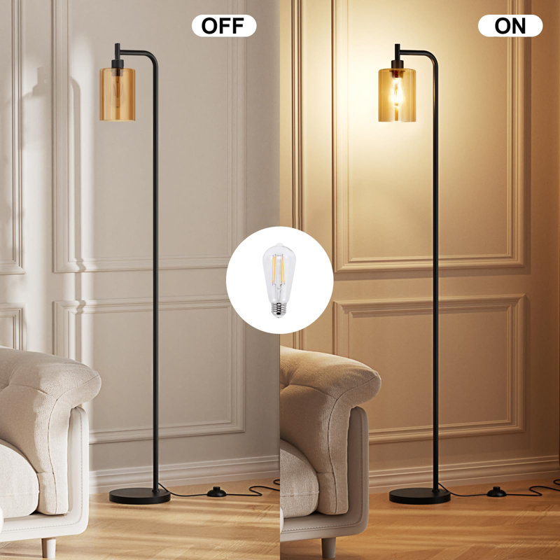 Floor Lamps For Living Room - Industrial Standing Lamp With Glass Shade, Modern Floor Lamp With Led Bulbs, Amber, Black