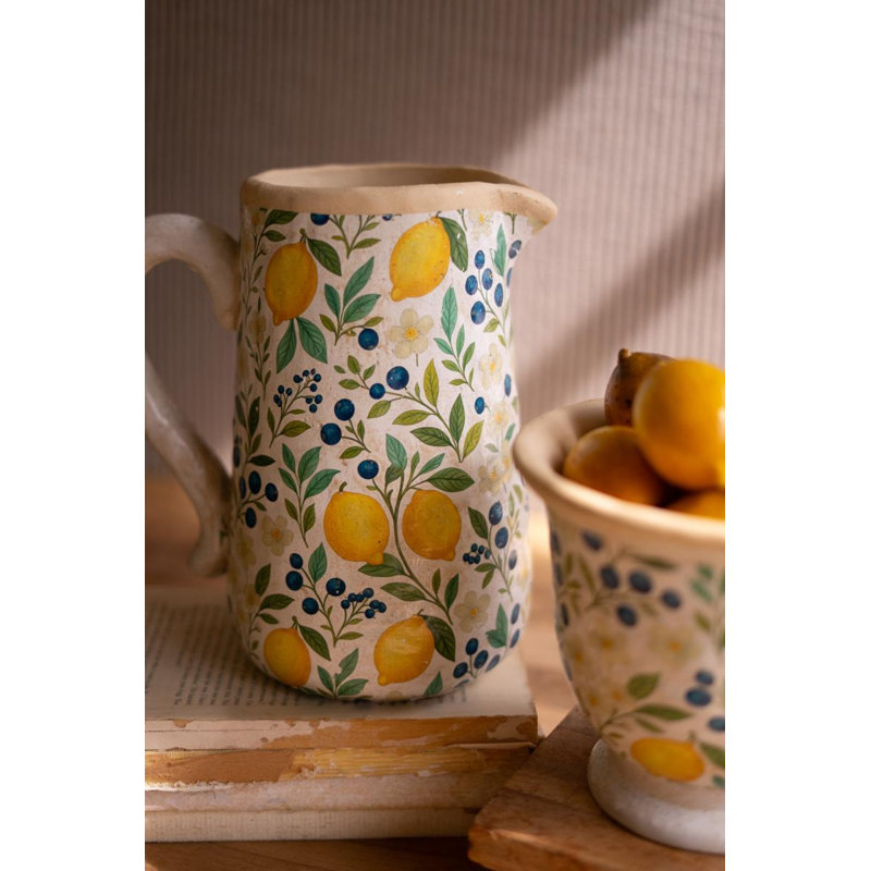SET OF TWO CEMENT PITCHER AND VASE - LEMONS