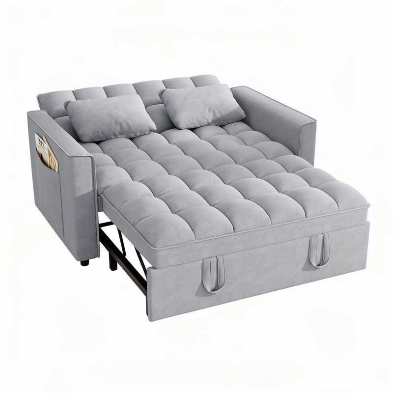 Canapé-lit convertible en velours moderne avec lit escamotable, poches latérales et 3 angles inclinables pour les petits espaces
