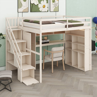 Lit mezzanine multifonctionnel avec garde-robe, poste de travail, rangement et système d'éclairage intégrés