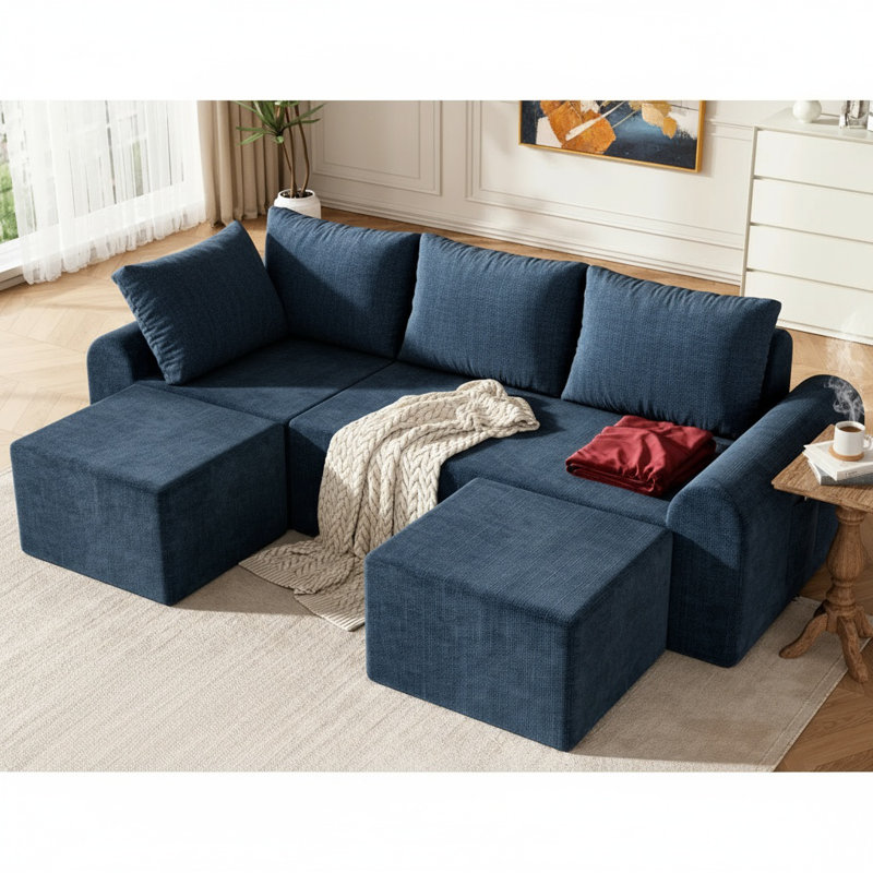 Canapé modulaire 86,6 po avec 2 repose-pieds et 3 coussins, des sièges profonds en forme de L pour le salon, un canapé rembourré en jute moderne, aucun assemblage requis!