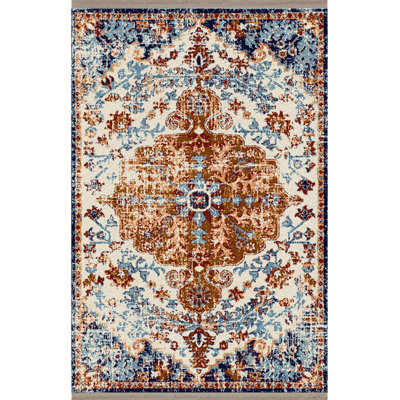 Blue Themed Traditional Motif Patterned Vintage Decorative Rug