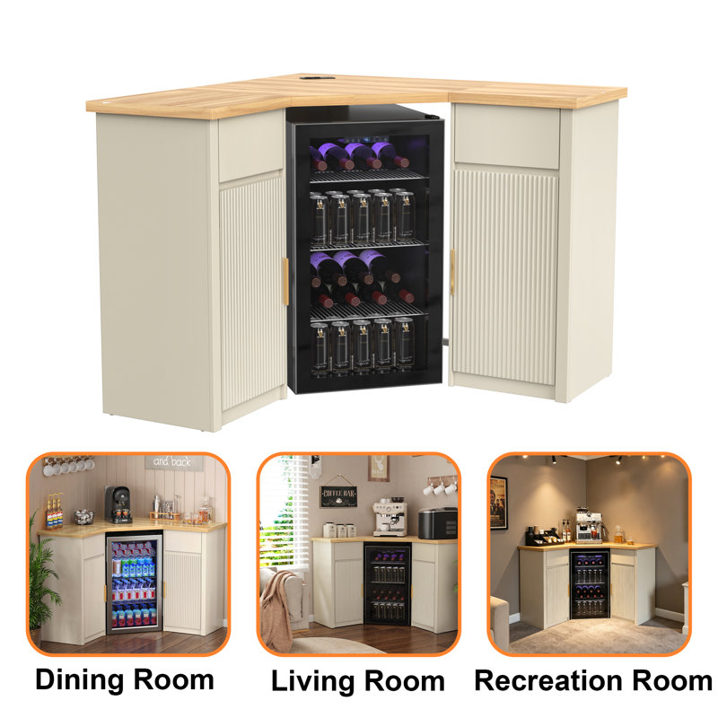 Corner Coffee Bar with Fridge Space, L Shaped Liquor Cabinet, Off-White, Ivory