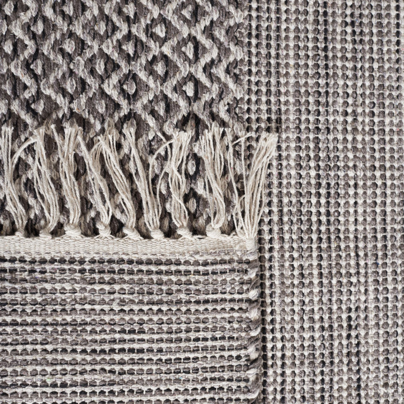 Tapis rayé ivoire / anthracite en coton tissé à plat à la main Bester, Rectangle 5 pi x 8 pi