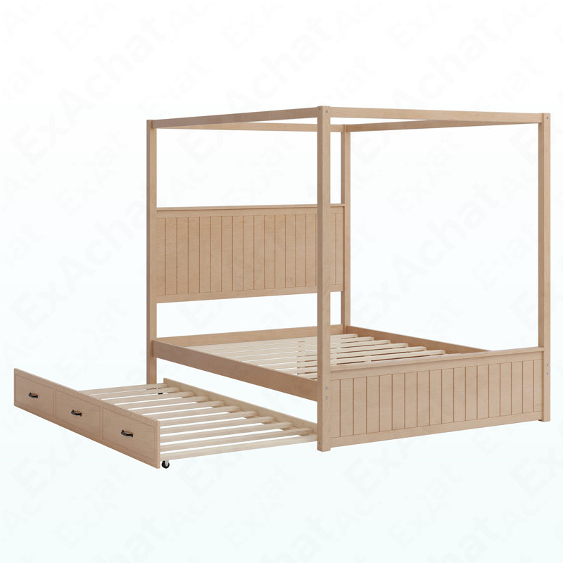 Lit plateforme moderne à baldaquin grand avec lit gigogne et trois tiroirs de rangement, cadre de lit en bois massif à 4 colonnes avec tête de lit, aucun sommier nécessaire, naturel