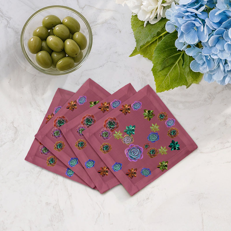 Succulents Floating Cotton Sateen Cocktail Napkins, Mauve