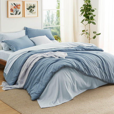 Bedsure Twin Comforter Set - 5 Pieces Grayish Blue Twin Bedding Set for All Seasons, Boho Contrasting Design Bed in a Bag with Comforter, Sheets, Pillowcase & Sham