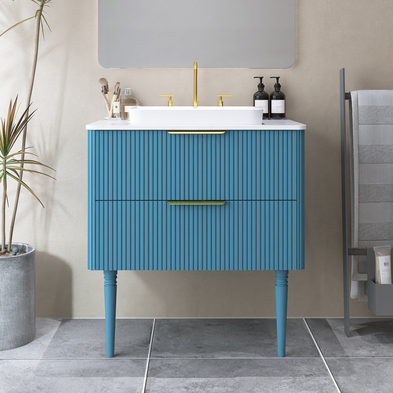 30 po Ensemble de meuble-lavabo autoportant ou mural rayé avec plateau et lavabo, deux pieds, Bleu aqua