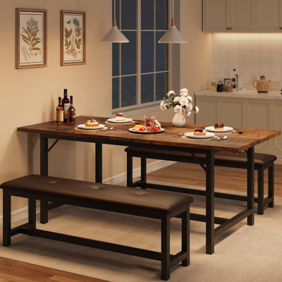 Dining Table Set for 4-6, Extendable Kitchen Table Set with 2 Upholstered Bench for 6,Rectangle Small Extendable Metal Frame Kitchen Table Set for 4 f
