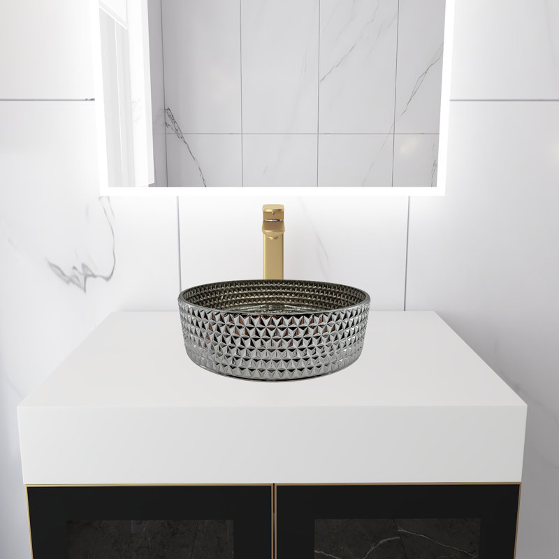 Meuble-lavabo mural moderne de luxe avec comptoir à surface solide de 30 po et vasque ronde en verre, Argent