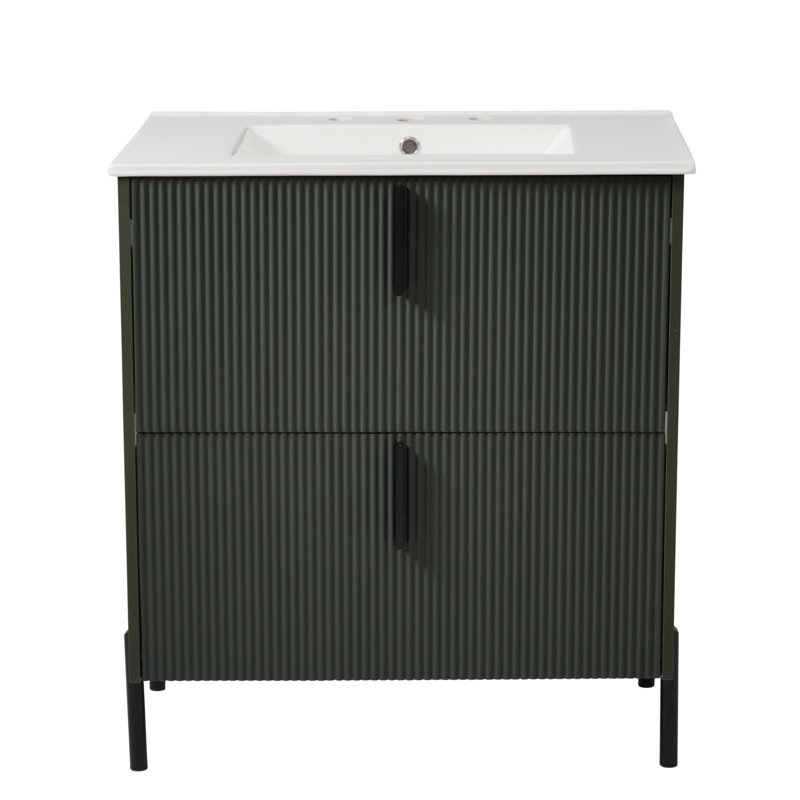 Meuble-lavabo de 30 po avec évier en céramique, conception cannelée, tiroirs encastrés à fermeture en douceur, pieds spacieux de 8,27 po pour un nettoyage facile sous l'évier et les glissières de l'armoire, rangement fonctionnel, 5,8 po