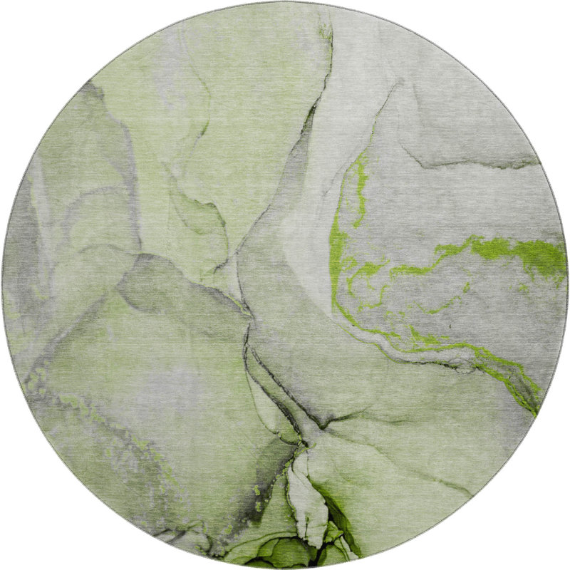 Tapis rond lavable abstrait vert et gris 8 pi avec protection UV