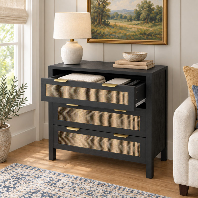 Commode à 3 tiroirs de 80 cm de large pour chambre à coucher, commode de rangement en rotin - Noir, 31.5" W, Noir