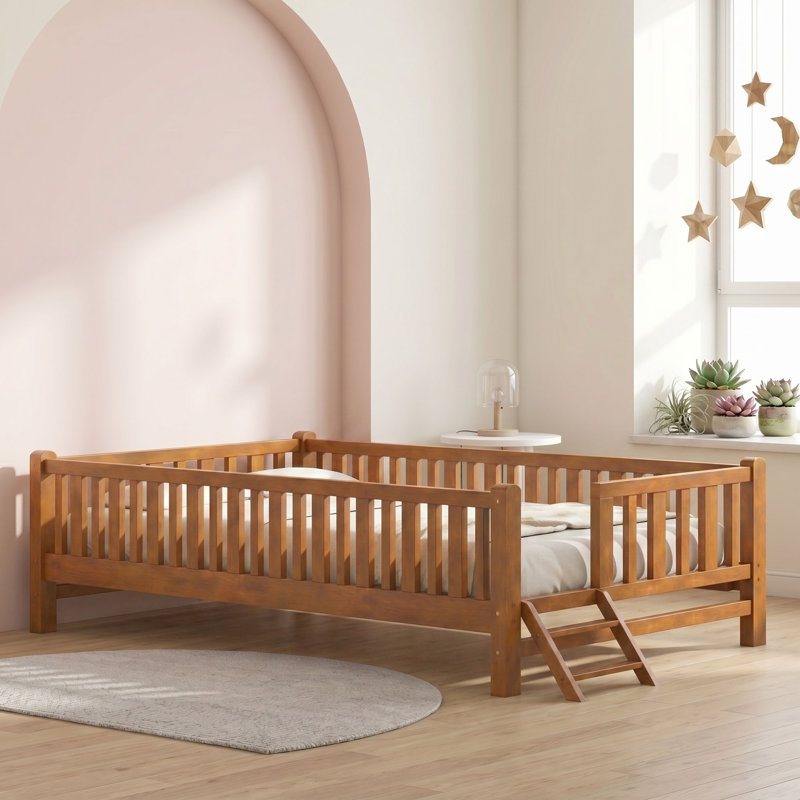 Lit plateforme simple en bois avec garde-corps, Noyer