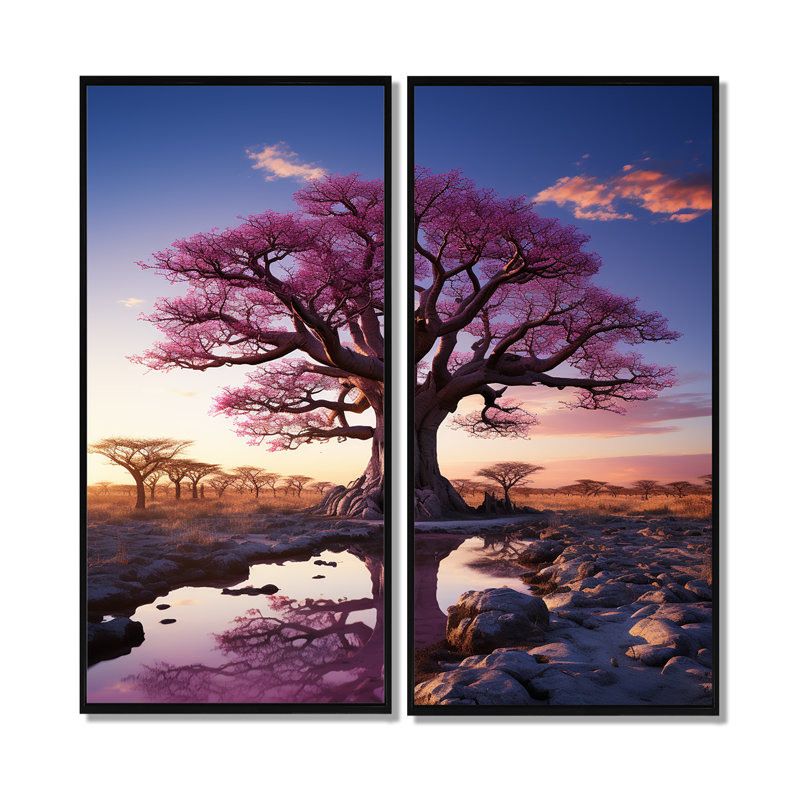 Baobab Trees Enchanted Hues I - Tree Baobab Large Wall Art, 20" H x 24" W, Floater Framed Print, Black