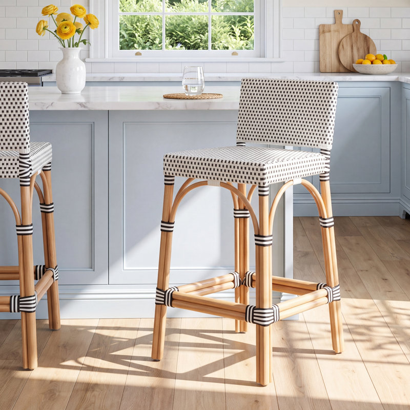 Estella 24.5 in. Seat Height Rattan Low Back Bar Stool, White-Black Dot, White/Black Dot, Counter Stool (24" Seat Heigh)t