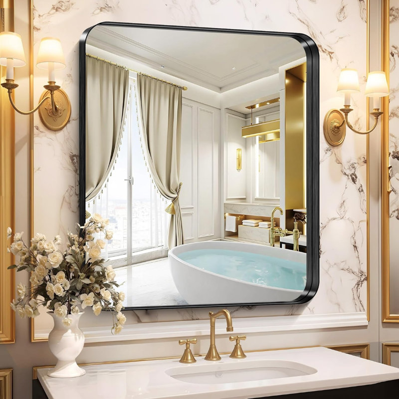 Black Bathroom Mirror, 30"X36" Rectangular Mirror With Deep Metal Frame, Rounded Corner, Tempered Glass, Mirror For Wall, Oversink, Bedroom, Installed Vertically/Horizontally, Crystal-Clear