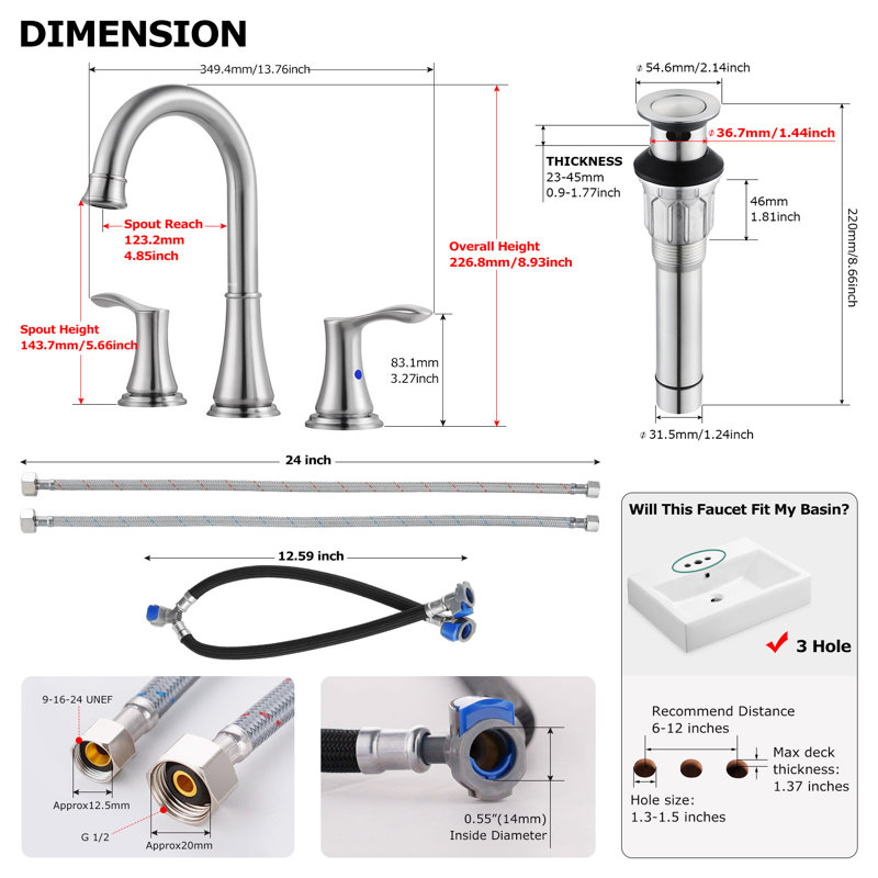 Widespread 2- Handle Bathroom Faucet with Metal Pop Up Drain, Brushed Nickel