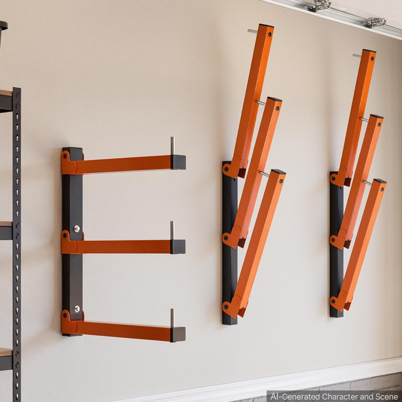 Étagère à bois à 3 niveaux (50 kg par niveau), pliable, fixation murale, idéale pour garages, ateliers, entrepôts et sous-sols. Bras cantilever robustes, goupilles de verrouillage, acier, orange et noir.