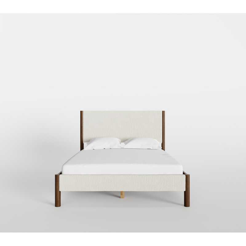 Base de lit en bois massif Ardin avec tête et pied de lit rembourrés crème, Grand lit, Noyer