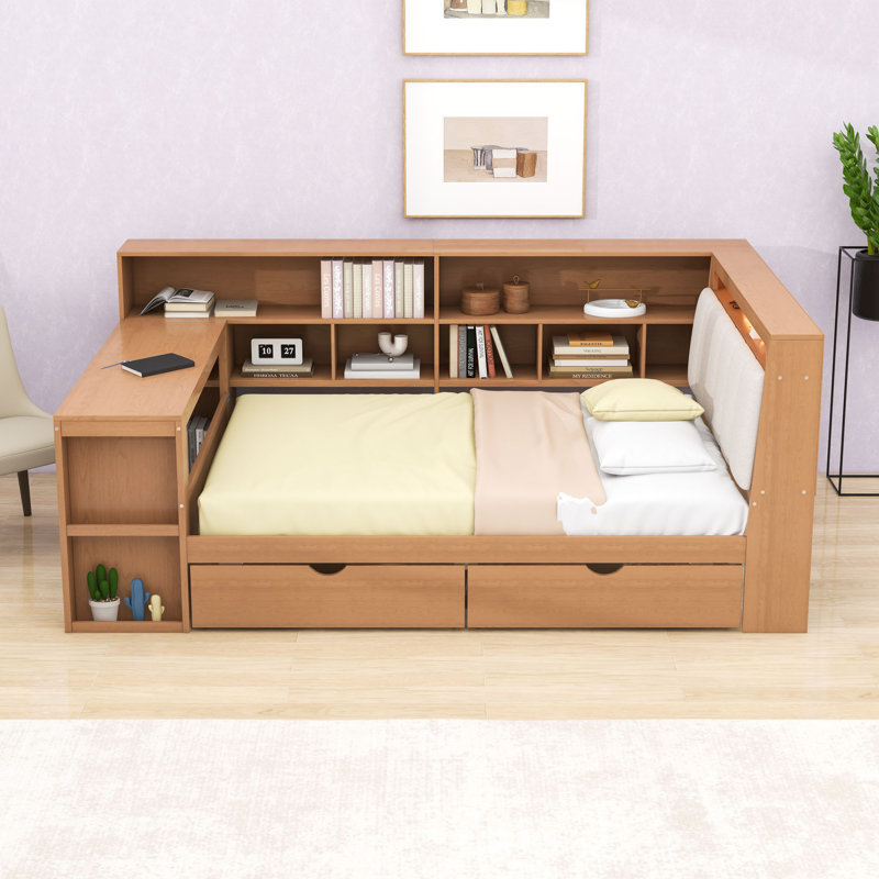Lit de jour en bois avec bureau et tablettes et lumière DEL et 2 tiroirs, Complet/Double, Dérive en mer