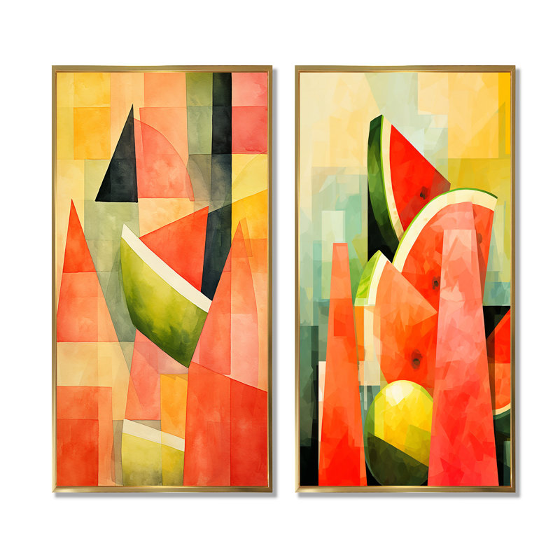Ensemble de salon mural rouge à motif géométrique melon d'eau I - Melon, Cadre flottant doré, H 28 po x l 25 po