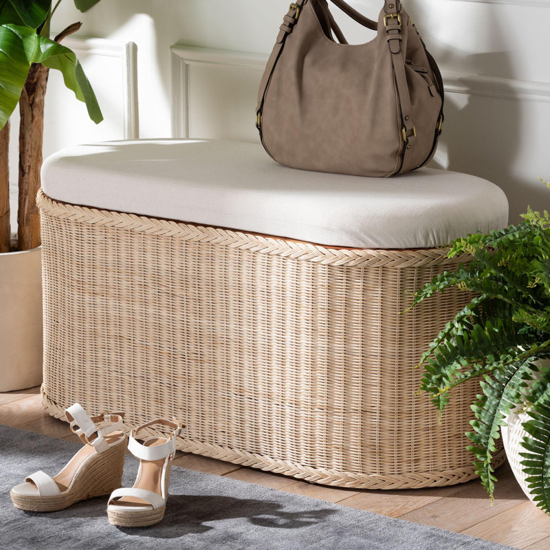 Bali & Pari Barid Braided Natural Rattan Storage Bench With Cushioned Lift-Top Lid – Coastal Boho Style Chest