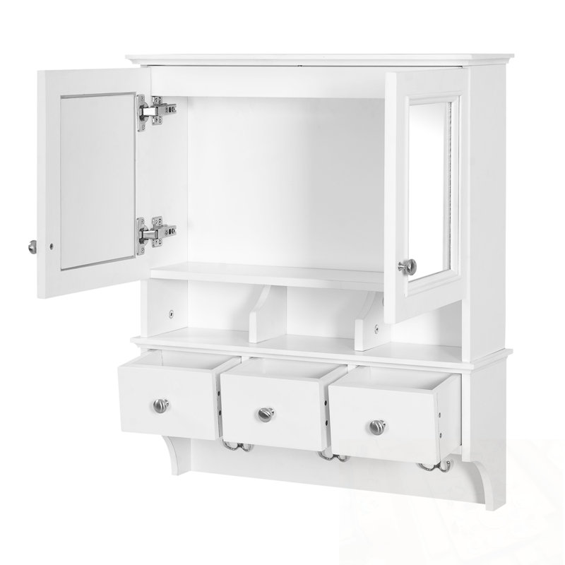 Armoire de rangement murale à miroir avec tablette ouverte et 3 tiroirs, Blanc