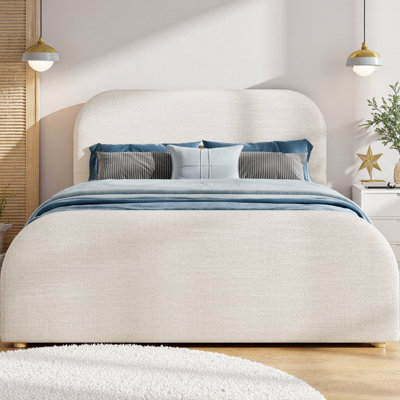 Structure de lit plateforme avec tête de lit tapissier recouverte de lin, pieds en bois massif de couleur beige, aucun sommier tapissier requis avec support à lattes de bois, design moderne et élégant pour la chambre à coucher