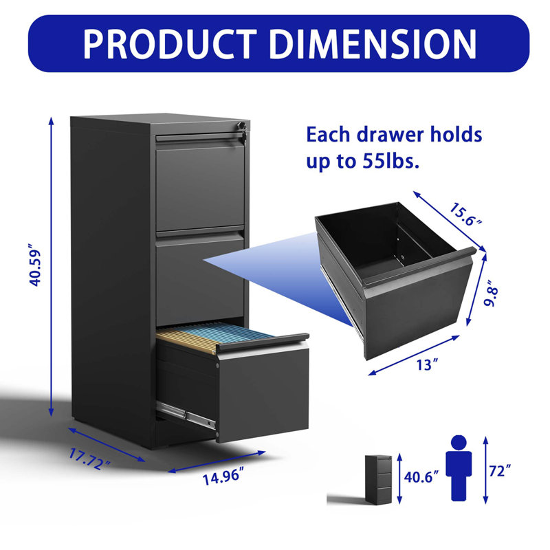 3 Drawer Vertical File Cabinet, Black