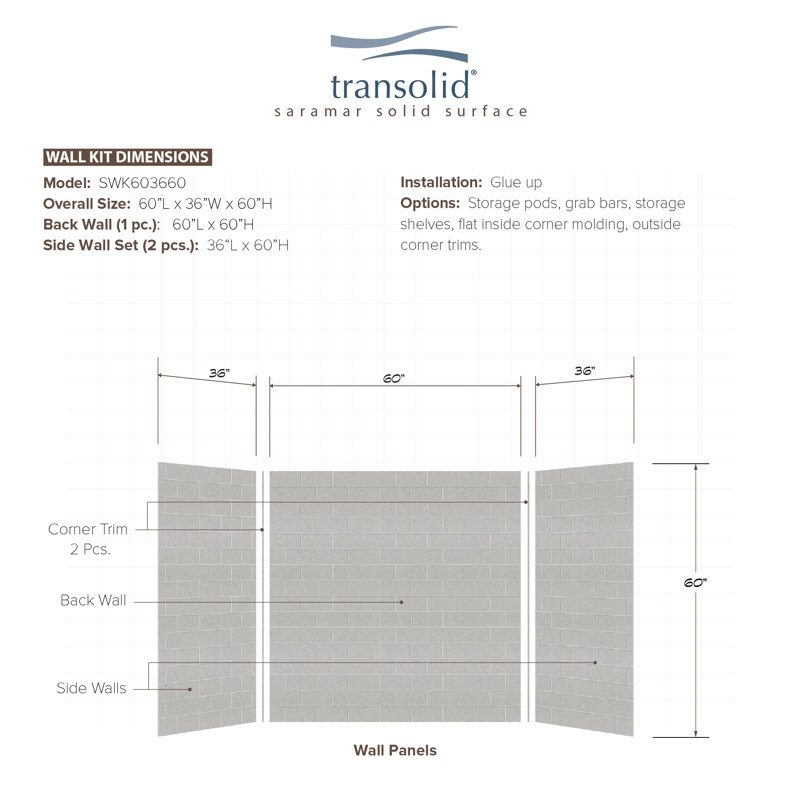 Saramar Three Panel Shower Wall, Gray Beach, 60" H x 60" W x 36" D