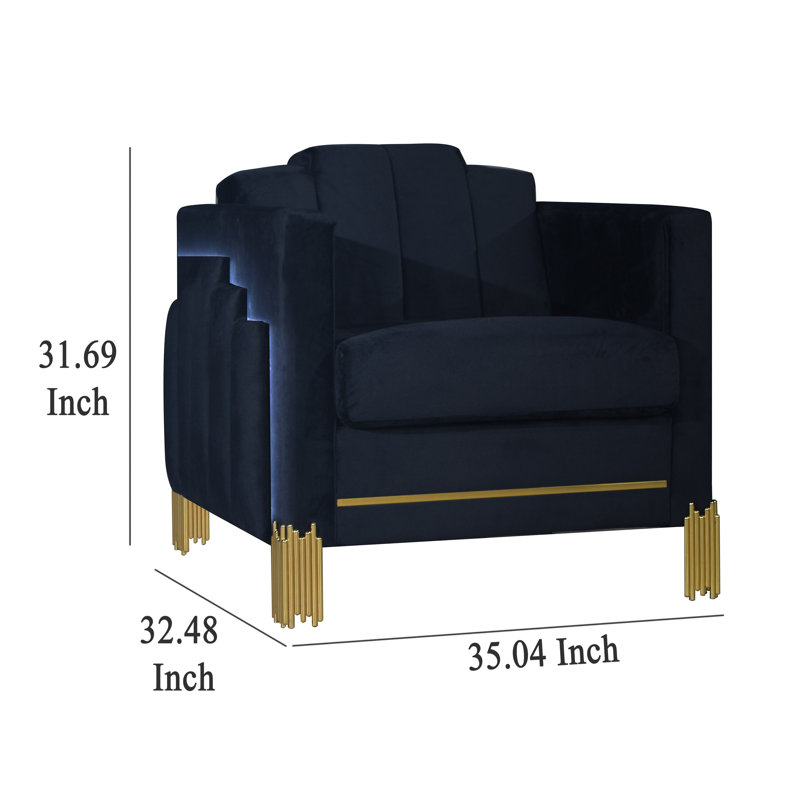 Fauteuil d'appoint Theo, velours, lumières DEL bleues, pieds en métal doré