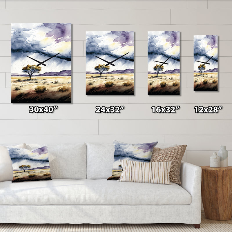 Lonely Tree On Eternal Plains Minimal Watercolor - Abstract Landscape Wall Clock, 32" H x 16" W x 1" D