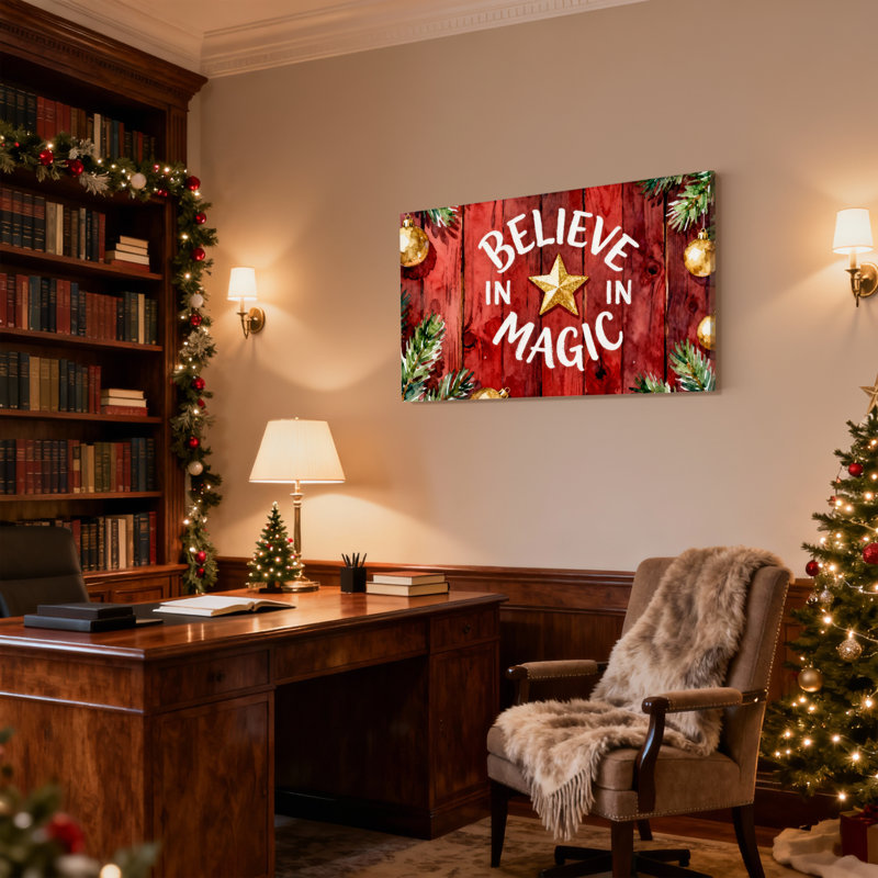 «Christmas Believe In Magic With Star And Ornaments», ensemble de 3 impressions sur toile, H 16 po x l 24 po