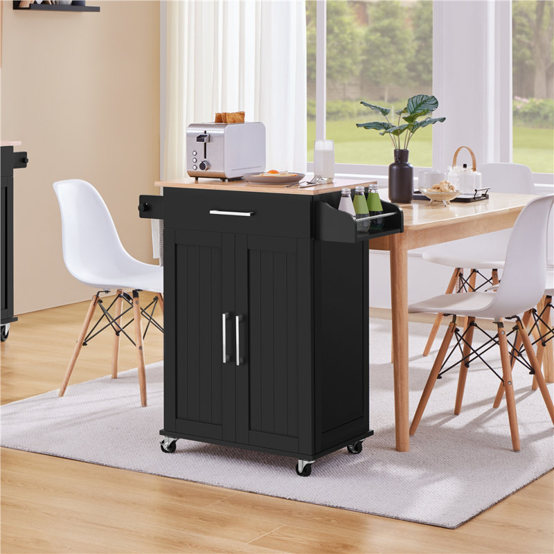 Kissinger 36″ H Rolling Kitchen Island with Solid Wood Top, Spice Rack Storage & Towel Rack, Black