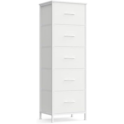 Commode pour chambre à coucher, commode, acier, panneau de fibres à densité moyenne, 5 tiroirs en tissu non tissé, unité de rangement, placard, entrée, blanc nuage et blanc neige