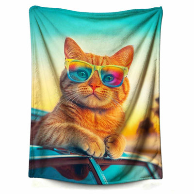 Blanket Orange Cat with Sunglasses on Car Soft and Comfortable Wool Fleece Throw Blankets for Sofa Office Car Camping Yoga Travel Home Decoration Cozy Plush Beach Gift, 60 x 80 inComes with a canvas bag with cat print as a bonus