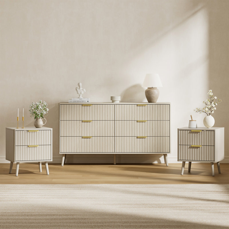 Ensemble de chambre à coucher 3 pièces (1 commode + 2 tables de chevet), Crème, Trois pièces : commode, deux tables de chevet