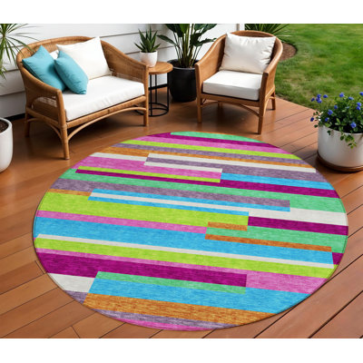 Tapis intérieur lavable rayé rond 8 pi orange et vert lime