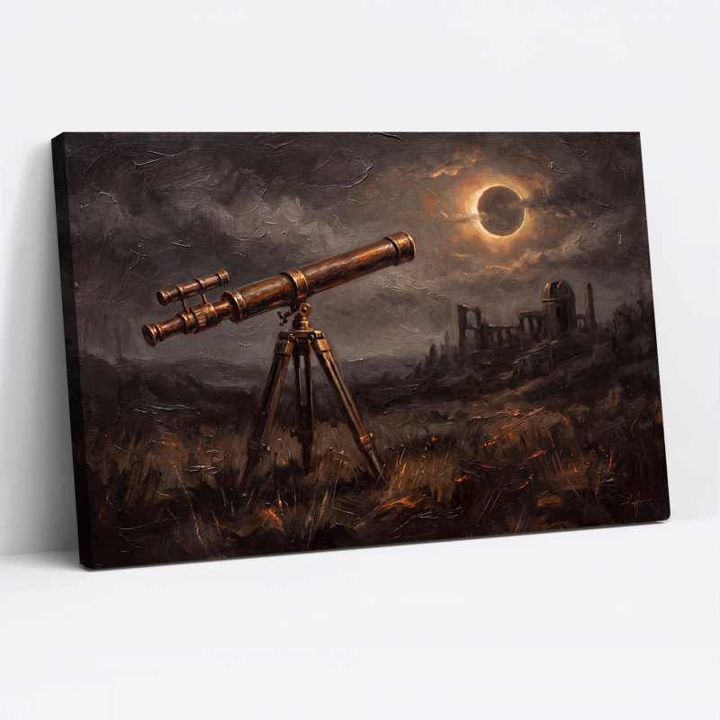 Art mural sur toile, télescope en laiton, visionnement éclipse solaire sur ruines, H 16 po x l 24 po