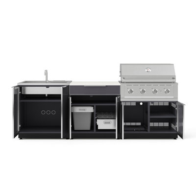 Ensemble d'armoires d'extérieur en aluminium noir 5 pièces avec bar, barbecue, évier, barbecue au gaz naturel 36 po et plateau blanc Dekton 32 po