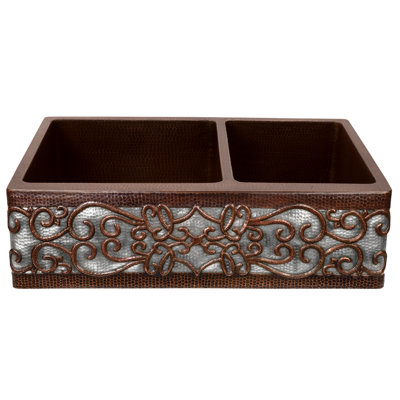 33" Hammered Copper Apron Front 60/40 Double Basin Kitchen Sink w/ Scroll Design and Nickel Background