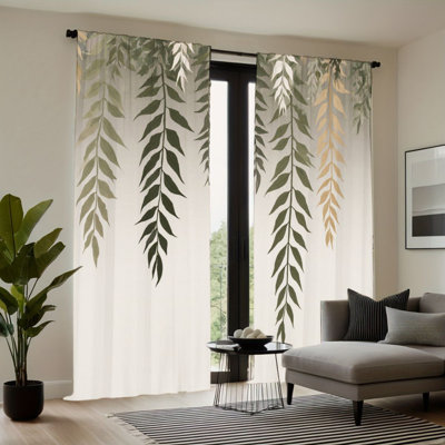2Pcs Green Willow Leaf Printed Curtains, Rod Pocket Sun Blocking Privacy Window Drapes, Botanical Art Decor, All-Season For Living Room Bedroom Study